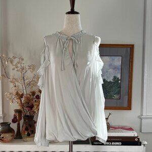 Maeve Pale Blue Ruffle Sleeveless Blouse | Tie Neck Draped Top | Size S